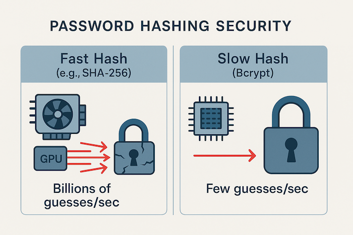Infographic comparing a fast hash like SHA-256 (vulnerable to GPU attacks) versus a slow hash like Bcrypt (resistant to brute-force).