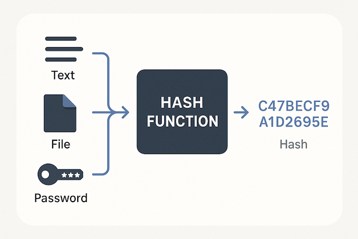 Infographic explaining the hashing concept: various inputs go into a hash function and produce a fixed-length hash output.