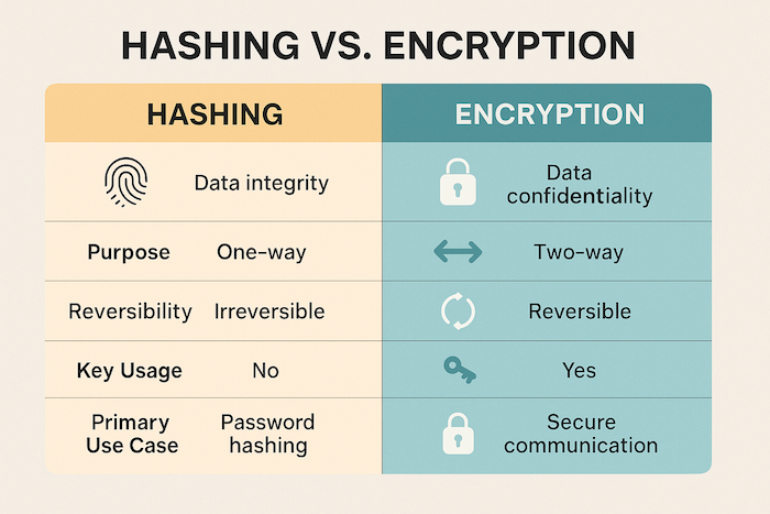 Comparison table infographic showing the key differences between hashing (one-way, for integrity) and encryption (two-way, for confidentiality).