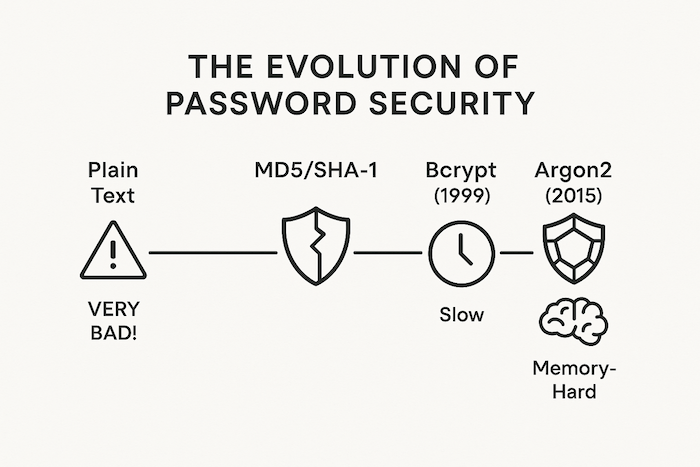 Timeline infographic showing the evolution of password security from plain text to MD5, Bcrypt, and finally Argon2.